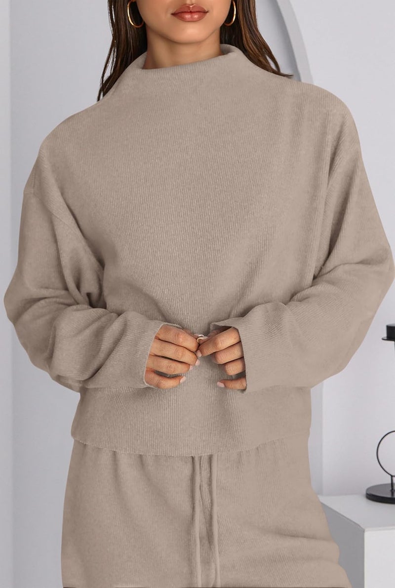 PRETTYGARDEN Store Women Fall Sweatsuits Two Piece Sets Mock Neck Long Sleeve Knit Tops Wide Leg Pants Lounge Set Travel Outfits - Image 3